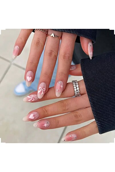 Alya Nail Studio Kadın Jel Nail Art Baskılı Pembe Kalp Fiyonk French Design B...