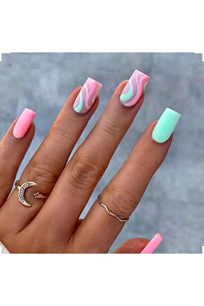 Alya Nail Studio Kadın Jel Nail Art Baskılı Yeşil Pembe Dalgalı Design Badem ...