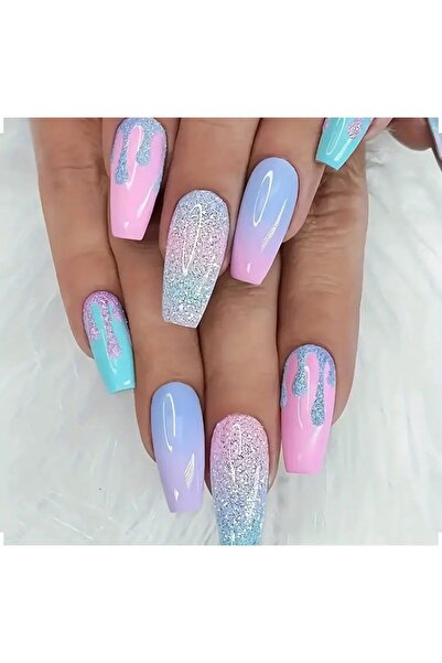 Alya Nail Studio Kadın Jel Nail Art Baskılı Pembe Mavi Pastel Design Badem Ov...