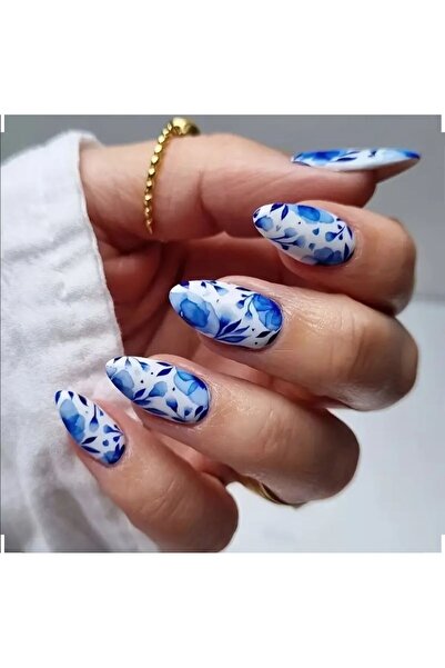 Alya Nail Studio Kadın Jel Nail Art Baskılı Mavi Ebruli Desenli Design Badem ...