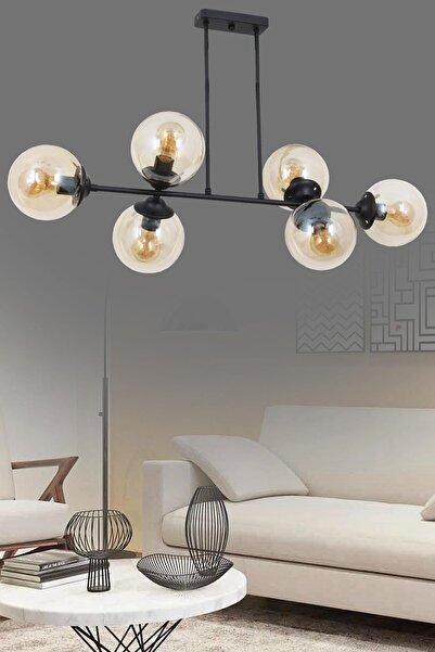 Taşcan Aydınlatma Aren 6 Lı Siyah Avize-Bal Camlı Dekoratif Tasarım Yatak Oda...