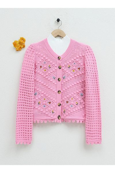 Modamorfo Durchbrochene Strickjacke mit rosa Blumenstickerei