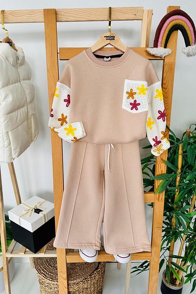 Minigimin Cicileri Girl's Winter Suit with Knitted Sleeve Pocket Detail - Camel