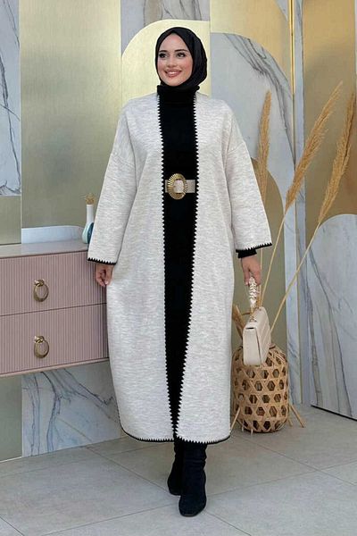 Bym Fashion Sides Slit Detailed Knitwear Cardigan 18204 Stone-Black