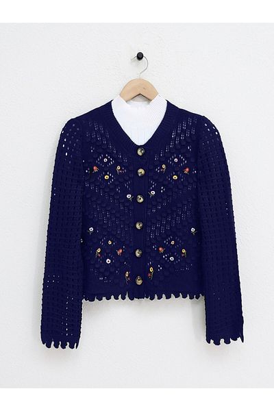Modamorfo Strickjacke mit durchbrochenem Muster und Blumenstickereien