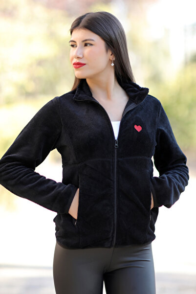 GİYSA Dámský fleecový svetr na zip, černý, s dvojitými kapsami, detail srdíčkové výšivky, stojáček, outdoorový kardigan - 7017