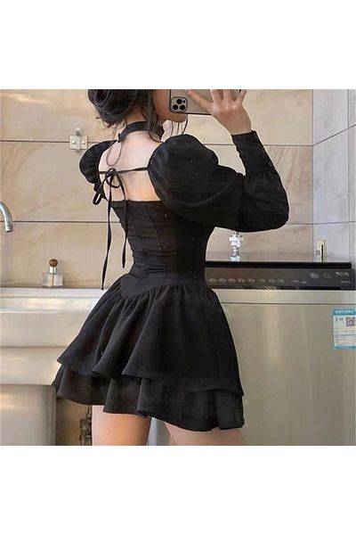 Karakedi New Black Mini Button Lace-Up Long Sleeve Dress