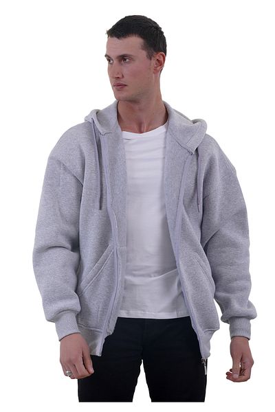 Exve Exclusive Γκρι μελανζέ Oversize Μαλακό πλεκτό χειμωνιάτικο φούτερ με κουκούλα με φλις εσωτερικά 3 νήματα ζακέτα με φερμουάρ