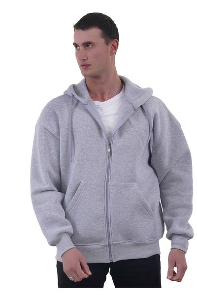 Exve Exclusive Γκρι μελανζέ Oversize Μαλακό πλεκτό χειμωνιάτικο φούτερ με κουκούλα με φλις εσωτερικά 3 νήματα ζακέτα με φερμουάρ