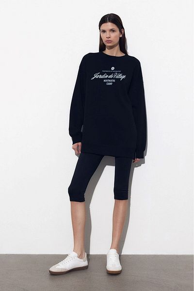 The Champ Clothing Черен суитшърт с кръгло деколте и полар, с принт на текст Jardin Du Village