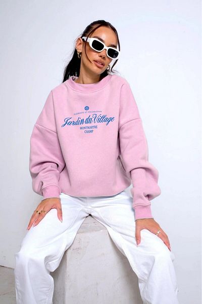 The Champ Clothing Ροζ φούτερ με λαιμόκοψη Fleece Jardin Du Village με τυπωμένο κείμενο
