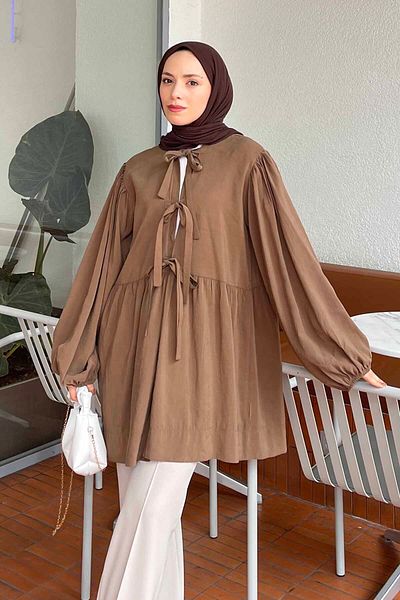 lamelif Brown Front Tie Two Pieces Jacket