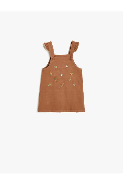 Koton Cotton Floral Embroidery Detailed Strap Velvet Salopet Dress