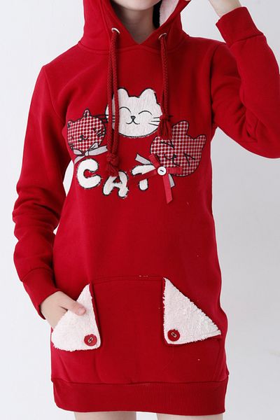 İntensive Young Girl Red Cat Printed Hooded Cotton Sweatshirt