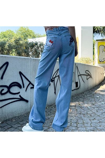 Karakedi Blue Jean Hello Kitty Embroidered Baggy Jeans