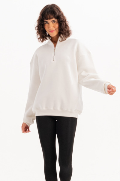 JUSTEVER Γυναικείο φούτερ Oversize Fit Stand γιακά με μισό φερμουάρ Raised Ecru - Cass