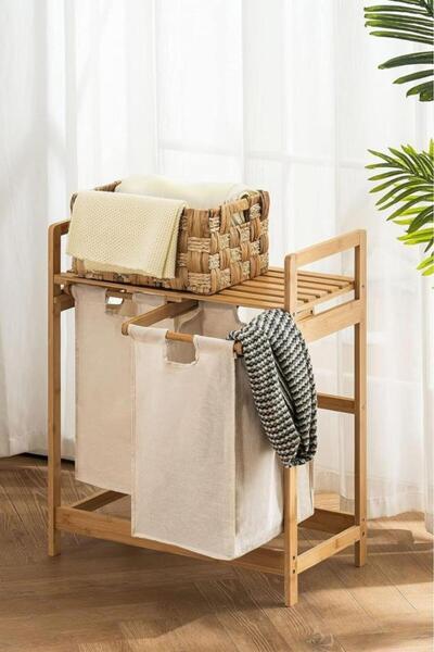 Digithome Bambu 2 Bölmeli Kirli Sepetli Çamaşır Sepeti Raflı Banyo Düzenleyici Db-0007