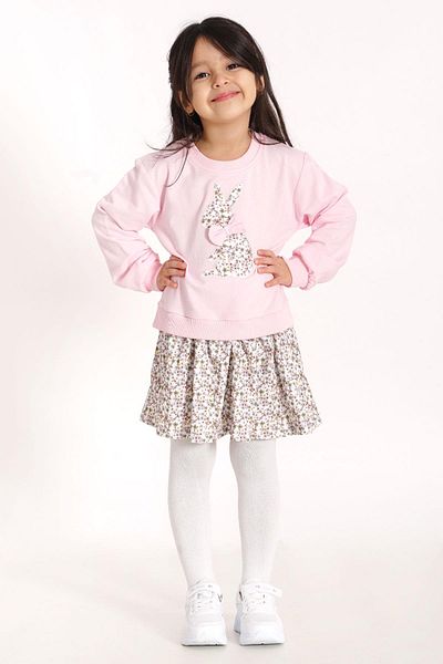 zepkids Crew Neck Long Sleeve Rabbit Printed Skirt Light Pink Color Sweat Set