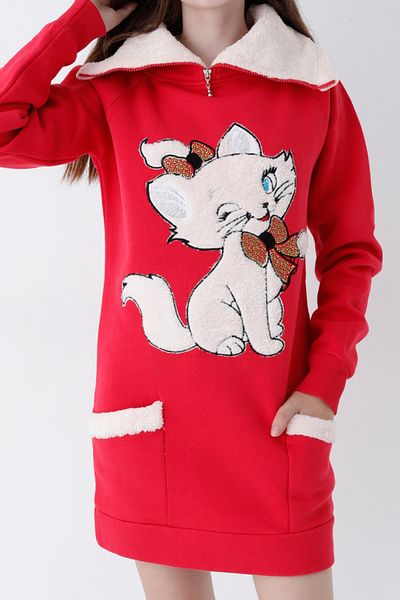 İntensive Young Girl Red Cat Printed Zipper Hooded Cotton Sweatshirt