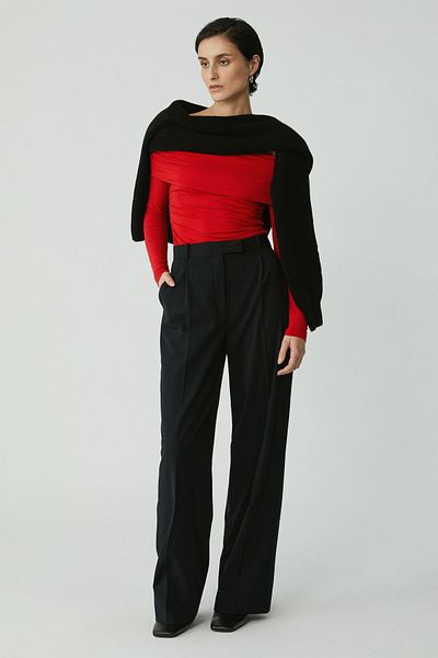 ETHIQUET Modest Babel Women's Slim Fit Tight Fit Gathered Detail Boat Neck Long Sleeve Red Blouse
