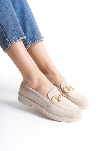GNS Shoes Bej Süet Tokalı Hakiki Deri  Kadın Loafer