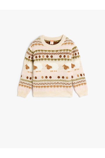 Koton Crew Neck Long Sleeve Sweater - Lamb Pattern