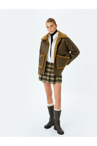 Koton Oversize Faux Leather Jacket with Plush Collar Detail and Pockets