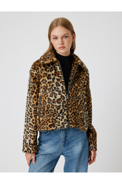 Koton Μπουφάν από ψεύτικη γούνα Leopard Print - Τσέπη και φερμουάρ, Κλασικό πέτο