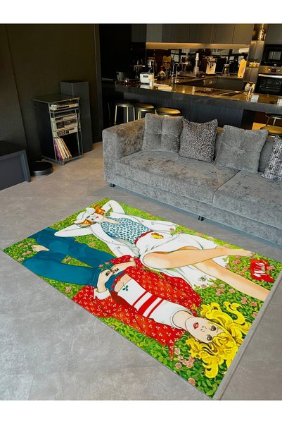 Rugs Modern Halı Aynur Collection Two Women Lying in the Grass Patterned Wove...