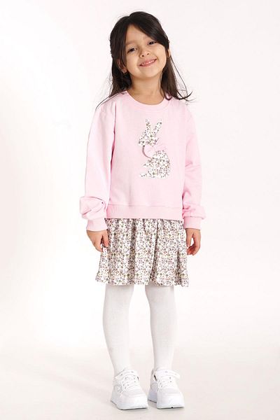 zepkids Crew Neck Long Sleeve Rabbit Printed Skirt Light Pink Color Sweat Set
