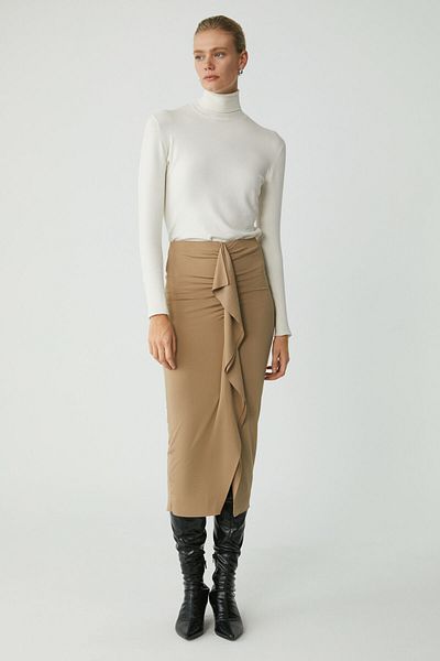 ETHIQUET Modest Melinda Women's Knitted Fully Fitted Drape Detailed Pencil Beige Skirt