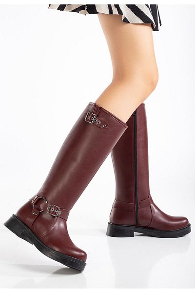 serkanseyyid 02-312 Burgundy Buckle Accessory Zippered Daily Women's Boots