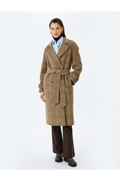 Koton Double Breasted Belted Long Plaid Cashmere Coat with Pockets