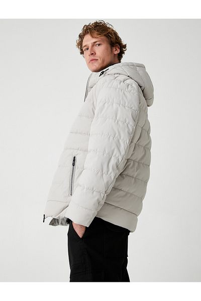 Koton Zippered Pocket Detailed Slogan Printed Hooded Puffer Jacket