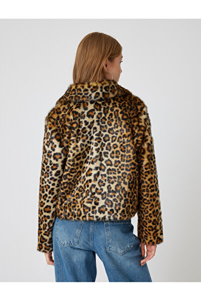 Koton Μπουφάν από ψεύτικη γούνα Leopard Print - Τσέπη και φερμουάρ, Κλασικό πέτο