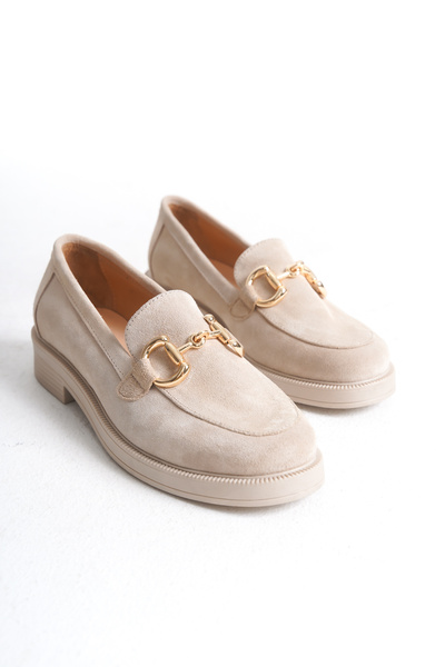 GNS Shoes Bej Süet Tokalı Hakiki Deri  Kadın Loafer