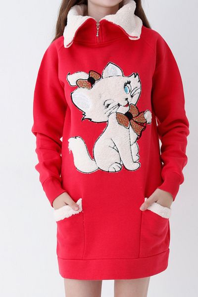 İntensive Young Girl Red Cat Printed Zipper Hooded Cotton Sweatshirt