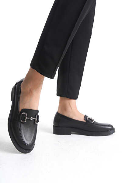 GNS Shoes Siyah Cilt Tokalı Hakiki Deri Kadın Loafer