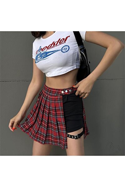 Karakedi Yeni Kırmızı Ekoseli Kemerli Mini Şortlu Etek