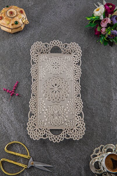 Sena Dantel Dikdörtgen 2 Kişilik Metal Tepsi (207-2)