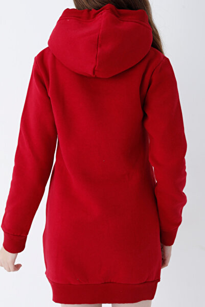 İntensive Young Girl Red Cat Printed Hooded Cotton Sweatshirt