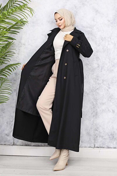benguen 4951 Model - Black Hijab Trench Coat with Belt