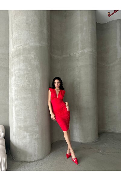 Serica Moda Rochie midi drapată cu umeri căptușiți