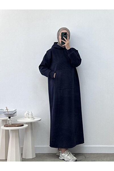 CHUL Kapüşonlu Lacivert Kışlık Sweat Elbise - Geniş Beden Aralığı
