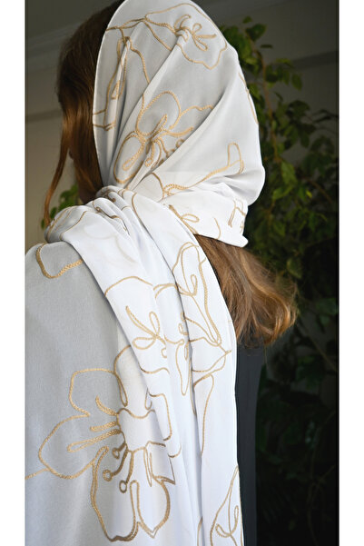 Yuss Nakışlı Abiye Şal Mevlüt Örtüsü Tasarım (KREM RENGİ)