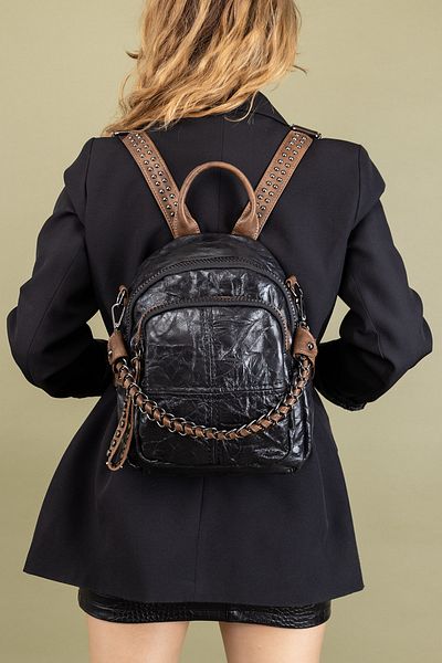 Getcho Belay Women's Black Backpack – Chain Detail, Stapled Strap, Multi-Pockets, Suitable for Daily Use