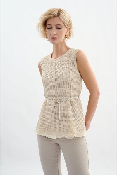 Escada Belted Sleeveless Crew Neck Knit Viscose Blouse