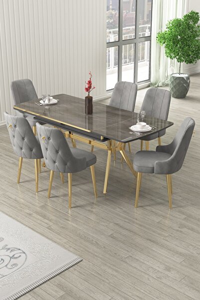 Canisa Nis Serisi 89x150 Açılabilir Lak Panel Antrasit İroni Gold Ayak Masa Takımı ve 6 Gri Sandalye