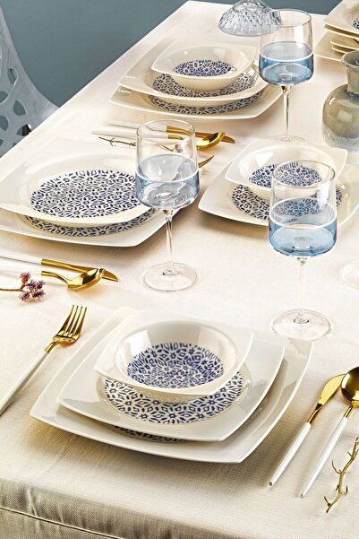 Kitchen Life Caroline 24 Parça 6 Kişilik Porselen Kare Yemek Takımı - Pasta ,...