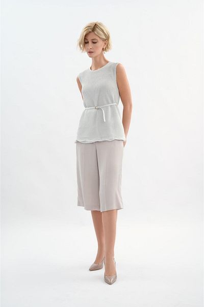 Escada Belted Sleeveless Crew Neck Knit Viscose Blouse